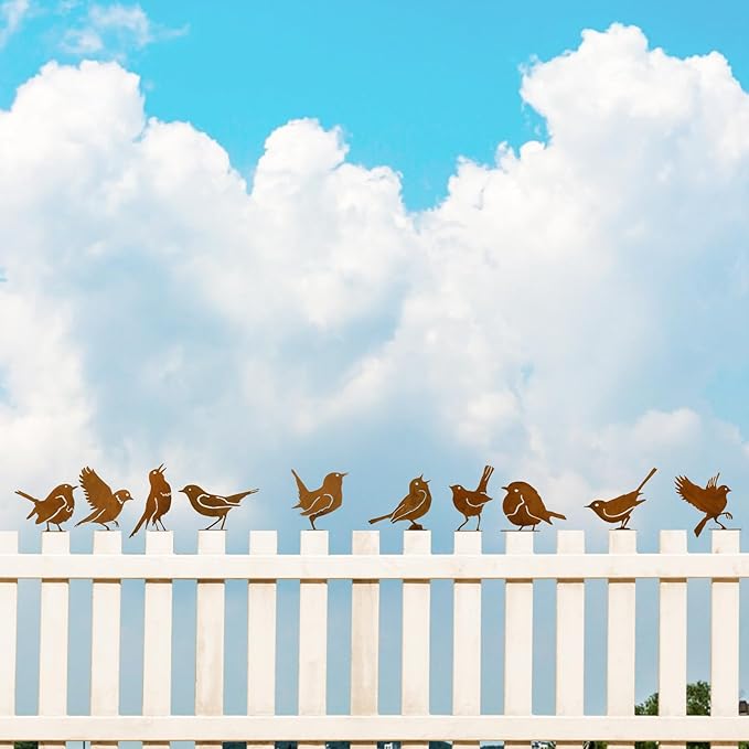 DIVINA VITAE 10Pcs Rusty Birds Decoration Lifelike Metal Birds Yard Art Simulation Bird Statue Yard Garden Decor for Outdoor Sculptures Art Fence Decorations