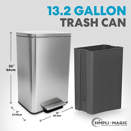 SIMPLI-MAGIC 50 Liter / 13.2 Gallon Soft-Close, Smudge Resistant Trash Can with Foot Pedal and Built in Filter- Stainless Steel, Sleek Finish