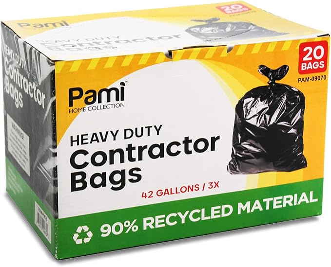 PAMI Heavy Duty 42 Gallon Contractor Garbage Bags, Tear Resistant Construction Bags Made from 90% Recycled Materials (20 Count, Black)