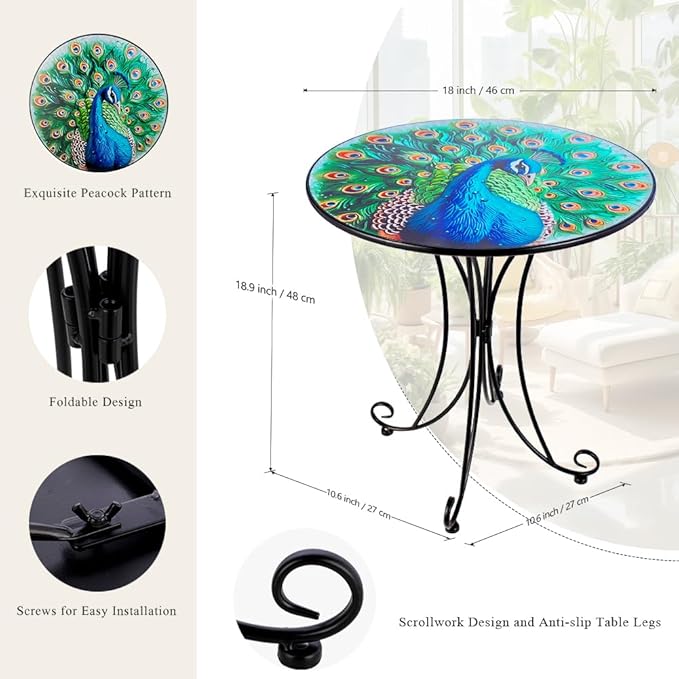 Outdoor Side Table,18 Inch Metal Accent Table, Peacock Round End Tables, Small Coffee Tables for Indoor & Outside Garden Patio Balcony Yard Bedroom