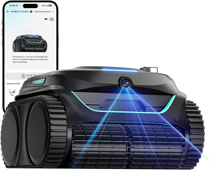 (2025 New) WYBOT C2 Vision Robotic Pool Cleaner with Camera, 8-in-1 Pool Vacuum for Inground Pools, Powerful Suction, Ultra-Fine Filter Pool Robot, Wall Climbing, Smart Navigation, Black