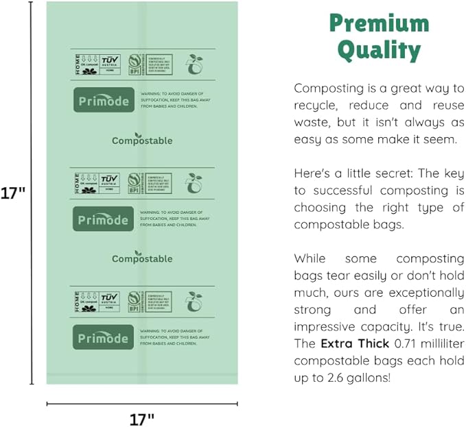 Compost Bags, Compostable Trash Bags 2.6 Gallon Compostable Bags 100 Count Small Compost Bags for Countertop bin Extra Thick 0.71 Mil. ASTM D6400 Certified By BPI and TÜV AUSTRIA