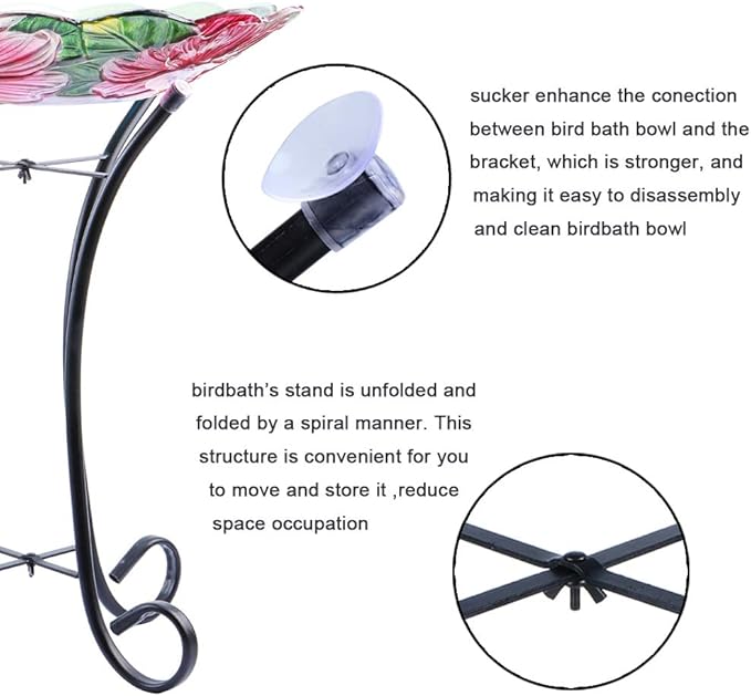 MUMTOP Outdoor Glass Birdbath with Metal Stand for Lawn Yard Garden Hummingbird Decor,18” Dia 21.65” Height