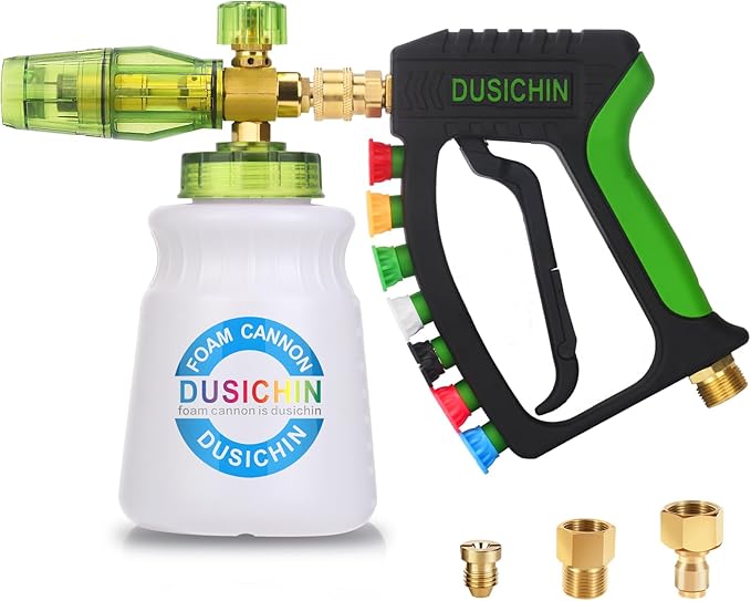 DUSICHIN Short Pressure Washer Gun with Foam Cannon,4000 PSI Power Washer Foam Blaster 1/4'' Quick Connector,Car Wash Foam Gun Snow Foam Lance with 7 Pressure Washer Nozzles for Car Washing DUS2903