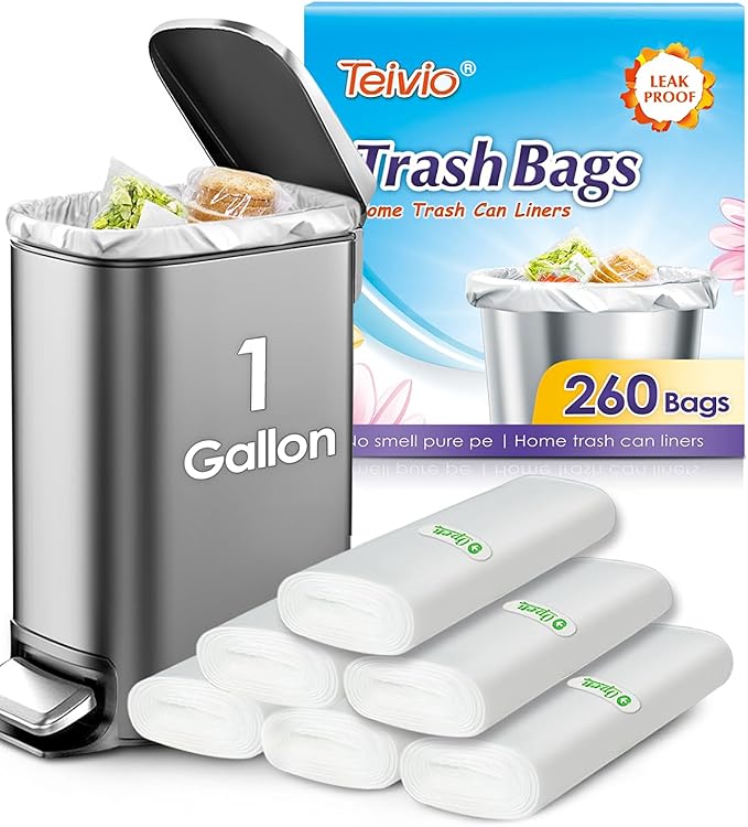 1 Gallon 260 Counts Small Trash Bags Garbage Bags by Teivio, Bathroom Trash Can Bin Liners, Small Plastic Bags for home office kitchen, Clear