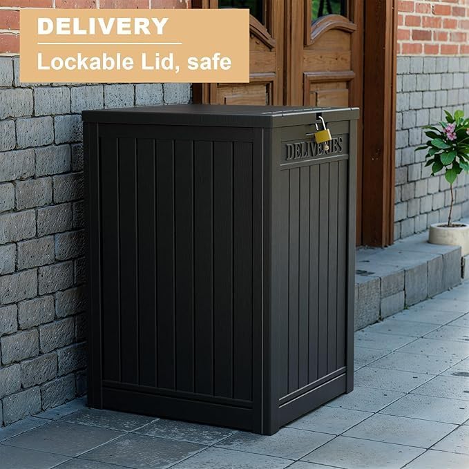EasyUp Outdoor Package Delivery Box, 48-Gallon Lockable Parcel Drop Box, Large Double-Walled Resin Weatherproof Storage Deck Box for Porch and Patio (Black)