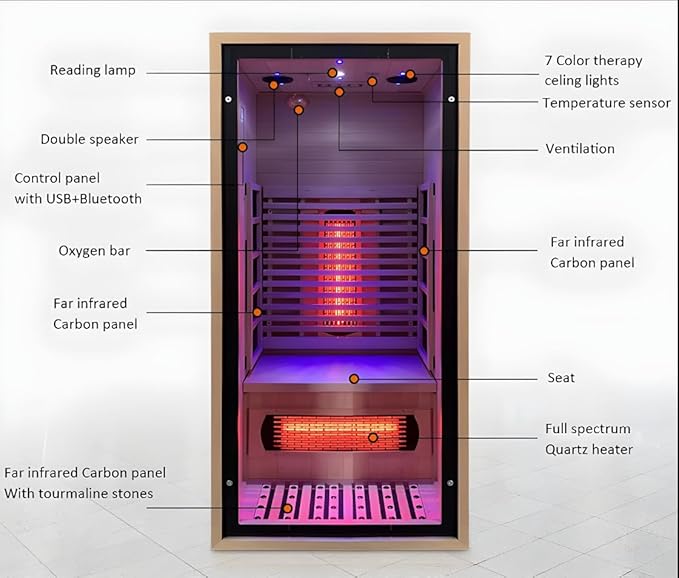 1 People Indoor Infrared Sauna, Low EMF Full Spectrum Red Heater with Carbon Heating Panels, Canadian Hemlock Wood, WiFi Control, 7-Color Starry Light, Reading Lamp, 1350W, 120V