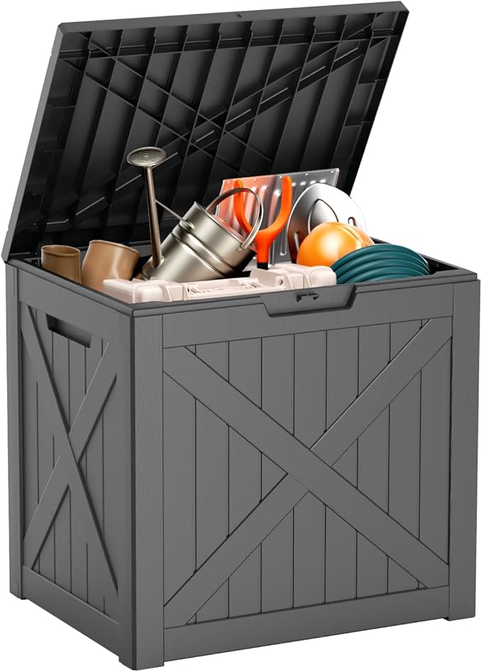 ROJIK Outdoor Storage Housing Deck Box - Waterproof Patio Furniture, Garden Tools, Cushions, Pool Accessories Storage Bench with Lockable Lid and Side Handles (Black 38 Gal)