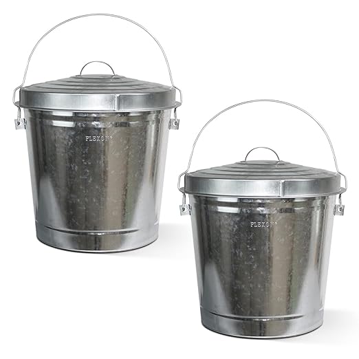 Plexon 10 Gallon Metal Trash Can with Locking Lid Galvanized Bucket with Lid for Poultry Feed Bird Seed Storage Ash Outdoor Garbage Trash Bin, 2 Pack