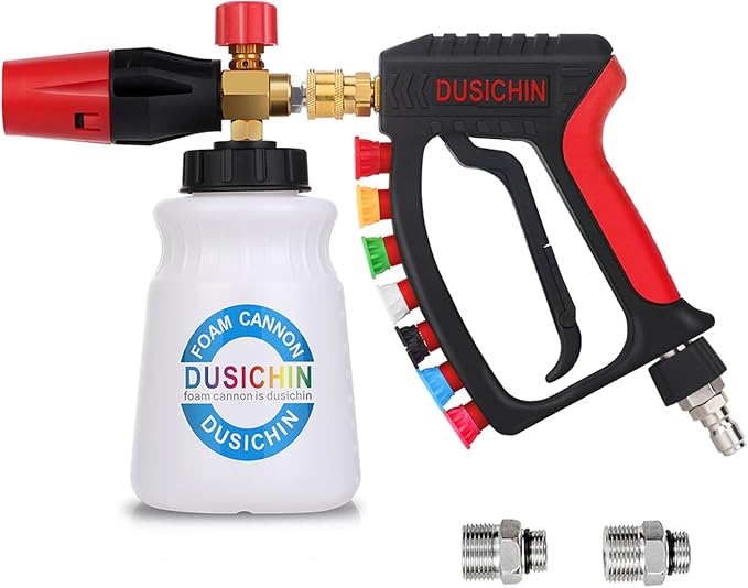 DUSICHIN Short Pressure Washer Gun Swivel Joint 4000 PSI Foam Cannon Lance,7 Pressure Washer Nozzle Tips Car Wash Foam Gun 7 Tip Slots 3/8'' Swivel Quick Connector,M22-14mm M22-15mm Fitting DUS2912