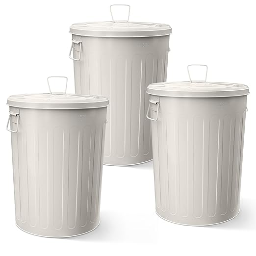 Plexon Large Metal Trash Can with Lid 20 Gallon, Decorative Outdoor Trash Can, Heavy Duty Galvanized Metal Bucket with Lid for Kitchen Garage Farmhouse, Beige, 3 Pack