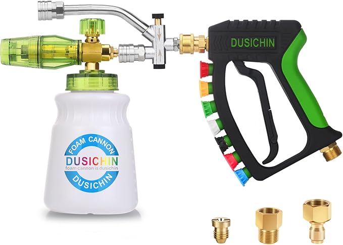 DUSICHIN Foam Cannon Pressure Washer Gun Kit 4000 PSI Double Tip Attachment, Dual-Connector Accessory Soap Cannon,Car Wash Foam Gun Snow Foam Lance 1/4 Inch Quick Connector,7 Sprayer Nozzles DUS2904