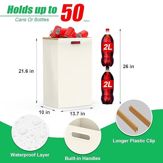 13 Gallon Disposable Trash Cans with Built-in Handles, 4 Pack Extra Large Portable Trash Can, Waterproof Layer Reusable Garbage Cans, Extra-Thick Cardboard Recycling Bins, Perfect for Parties, White