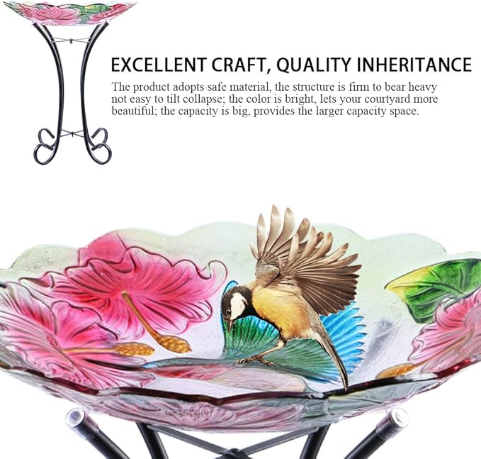 MUMTOP Outdoor Glass Birdbath with Metal Stand for Lawn Yard Garden Hummingbird Decor,18” Dia 21.65” Height