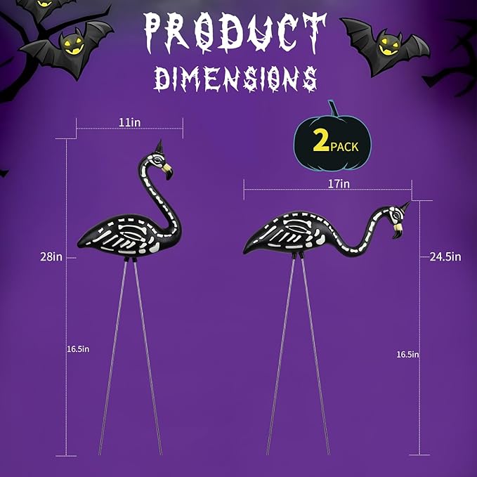 Halloween Black Flamingo Skeleton,Skeleton Flamingo Glow in The Dark, Zombie Flamingos for Spooky Graveyard Decorations, Skull Flamingo with Stakes for Halloween Lawn Ornaments, 2 Pack