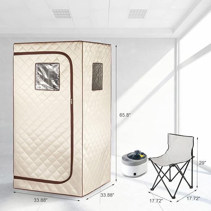 Smartmak Portable Home Steam Sauna, Full Size Personal Sauna Spa Box, Single Saunas Tent with Steamer, 4L 1500W Steam Generator 99 Min Timer, Remote Control, Upgraded Foldable Chair, Mat, Beige Brown