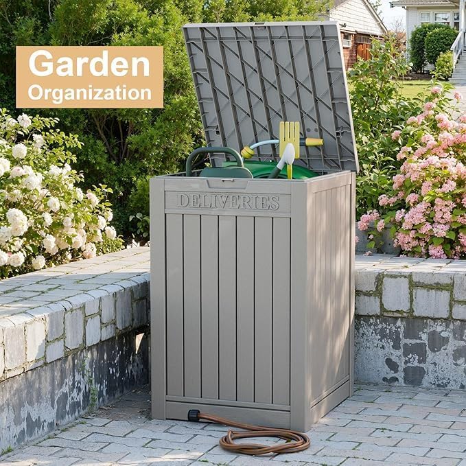 EasyUp Outdoor Package Delivery Box, 48-Gallon Lockable Parcel Drop Box, Large Double-Walled Resin Weatherproof Storage Deck Box for Porch and Patio (Gray)