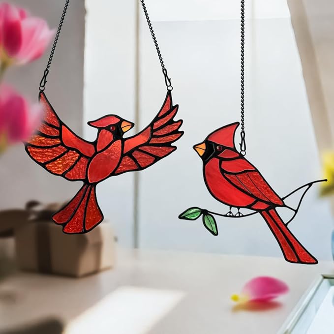 BOXCASA Cardinal Gfits Stained Glass Birds Window Hanging,Cardinal Handmade Ornament Stained Glass Suncatcher for Window,Cardinals Bird Gifts for Bird Lover Women,Memorial Gift for Mother