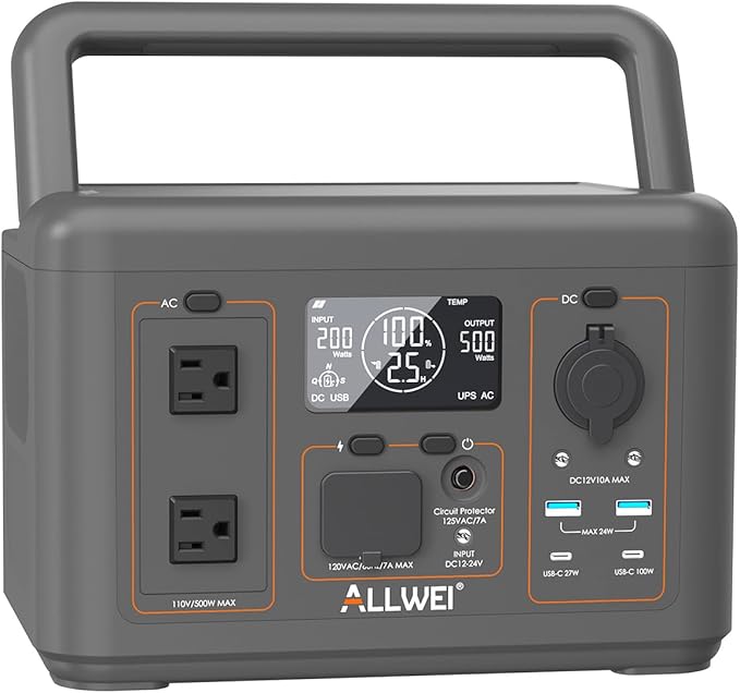 ALLWEI 512Wh Portable Power Station, 500W(Peak 1000W) LiFePO4 Battery, Solar Generator Fast Charge, UPS Mode, Pure Sine Wave 110V AC Outlets, Battery Generator for CPAP Outdoor RV Camping Power Outage