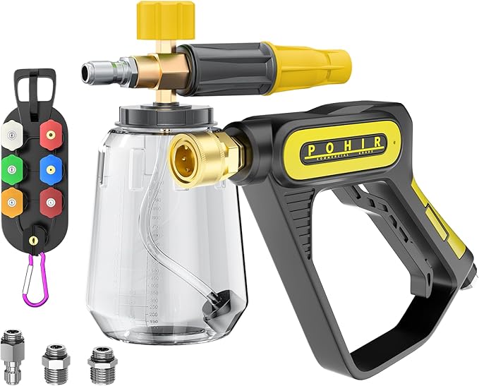 POHIR 5000 PSI Pressure Washer Gun with Foam Cannon, Sprayer Snow Foam Lance Power Washing Gun, 1/4 Inch Quick Connector with Nozzle Tips (Gun+Foam Cannon+Nozzle)
