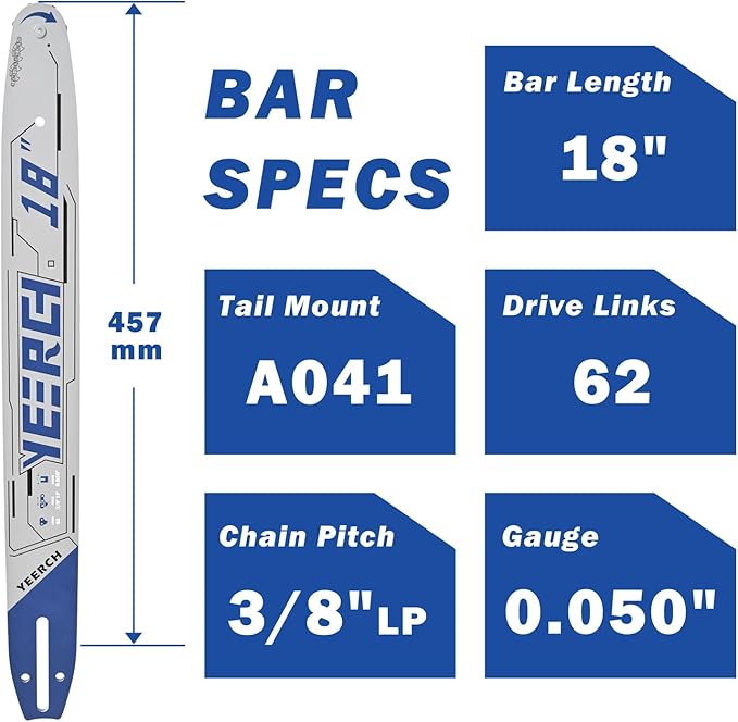 18 Inch Chainsaw Bar 62 Drive Links 3/8" LP Pitch .050" Gauge, 18 Chainsaw Guide Bar, Chainsaw Accessories Fits for Echo, Craftsman, McCulloch, Homelite, Poulan, Makita, Ryobi and More