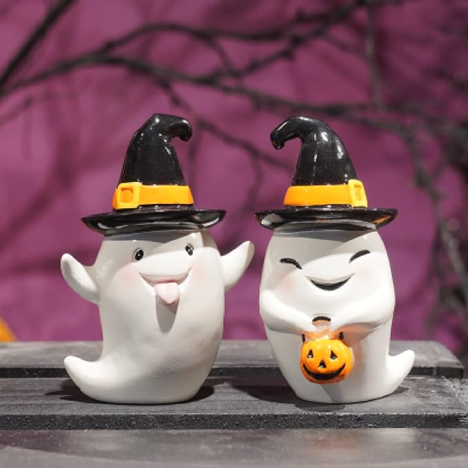 Halloween Decorations Ghost Statues Collectible-Figurines - Halloween Decor Indoor Cute Boo Ghost Sculpture Resin White Ghost With Black Hat Party Supplies Set of 2, 2.5*2*3.5 inch Newman House Studio