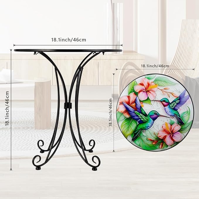 18 Inch Outdoor Side Table, Hummingbird Metal Accent Table, Indoor Small Round End Tables, Plant Stand Tables for Outside Yard Balcony Garden Bedside