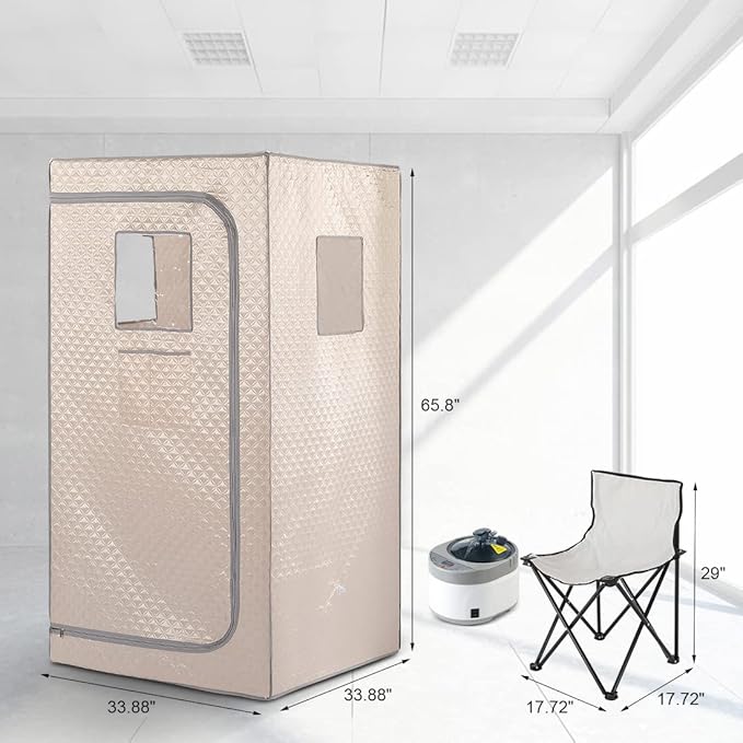 Smartmak Portable Home Steam Sauna, Full Size Personal Sauna Spa Box, Single Saunas Tent with Steamer, 4L 1500W Steam Generator 99 Min Timer, Remote Control, Upgraded Foldable Chair, Mat, Champagne