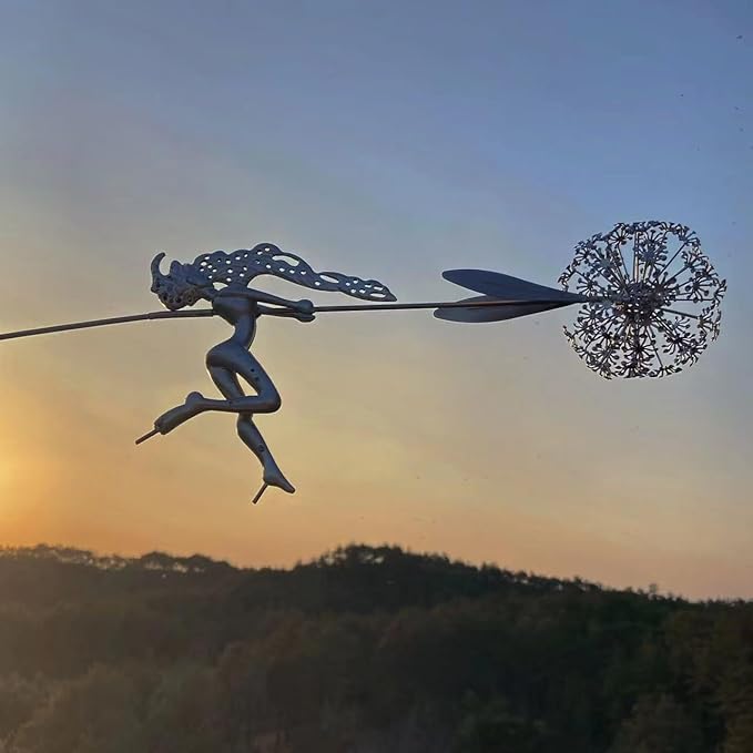 Flower Fairy Dancing with Dandelion Garden Art Sculpture Stainless Steel Statue Christmas Halloween Decoration for Outdoor Yard Courtyard Lawn Patio Metal Ornaments (Wave)