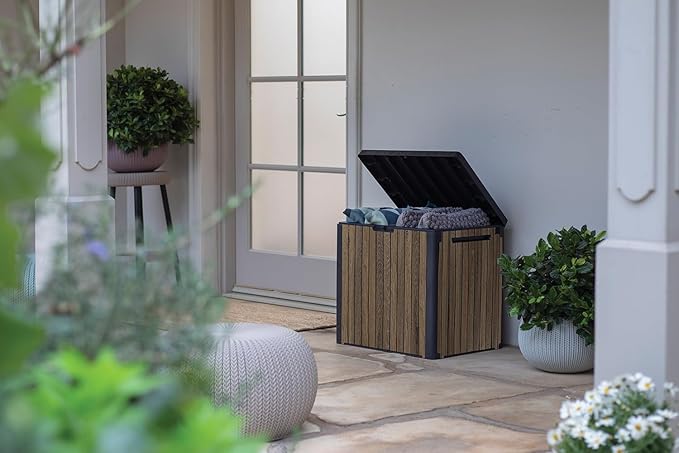 Keter Signature Everwood 30 Gallon Resin Outdoor Storage Box and Patio Furniture Side Table for Pool and Garden Accessories, Walnut