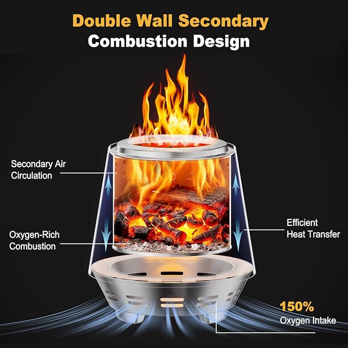 FANHAO Smokeless Fire Pit for Camping, Outdoor & Patio, Stainless Steel Tabletop Firepit with Stand, Wood Burning or Pellet Fueled Portable Bonfire with Carrying Bag | 120% More Efficient Burn