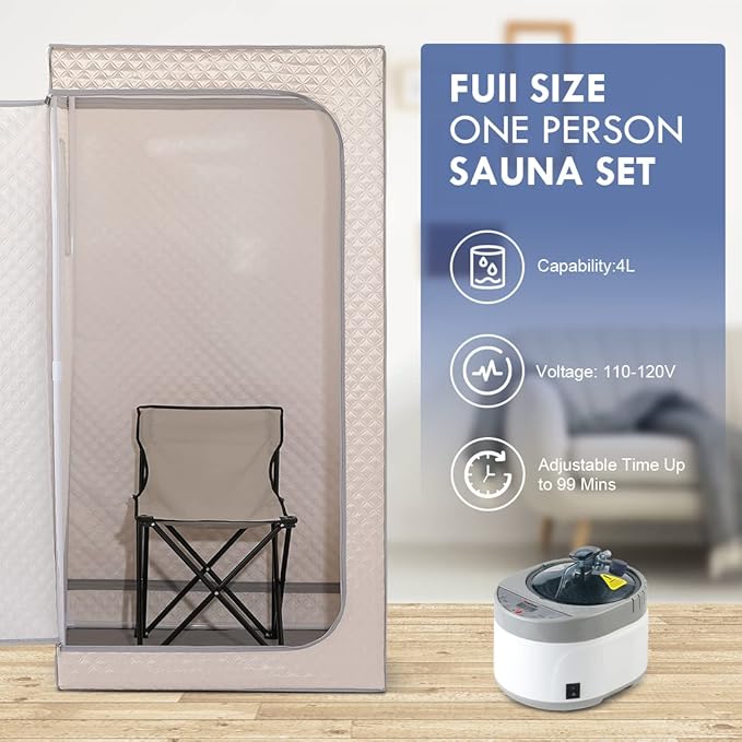 Smartmak Portable Home Steam Sauna, Full Size Personal Sauna Spa Box, Single Saunas Tent with Steamer, 4L 1500W Steam Generator 99 Min Timer, Remote Control, Upgraded Foldable Chair, Mat, Champagne