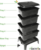 VERMI-FUTURE® Worm Condo Composting Bin, 4 Trays, Black, with Startup Bedding & 3in1 Soil Meter, Ideal for Small Households