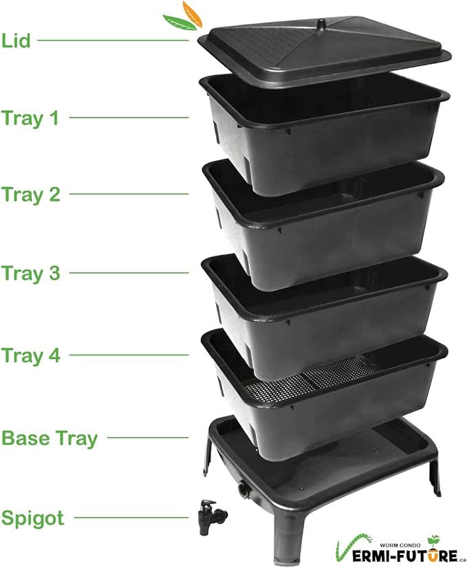 VERMI-FUTURE® Worm Condo Composting Bin, 4 Trays, Black, with Startup Bedding & 3in1 Soil Meter, Ideal for Small Households