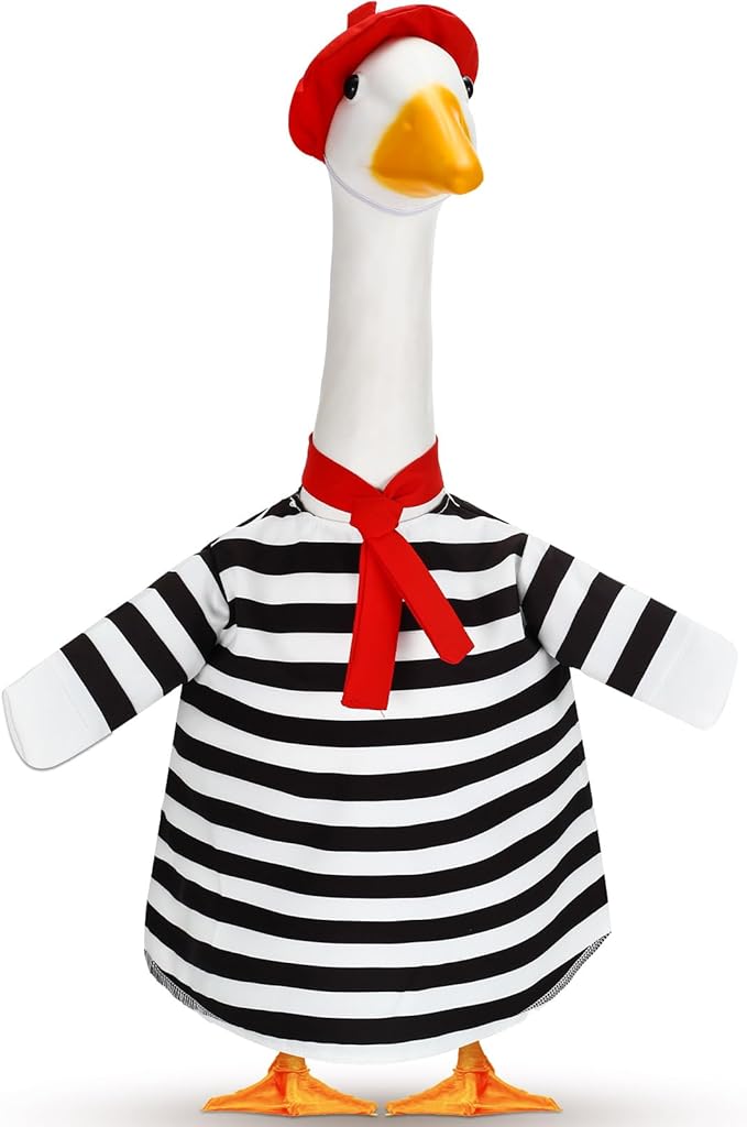 French Look Porch Goose Outfit Set for Cement Lawn Artist Hat Beret Red Scarf Black White Striped for Outdoor