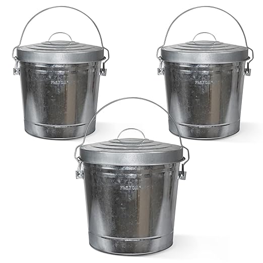 Plexon 6 Gallon Small Metal Trash Can with Locking Lid Galvanized Metal Bucket for Poultry Feed Bird Seed Storage Ash Outside Garbage Can with Lid, 3 Pack