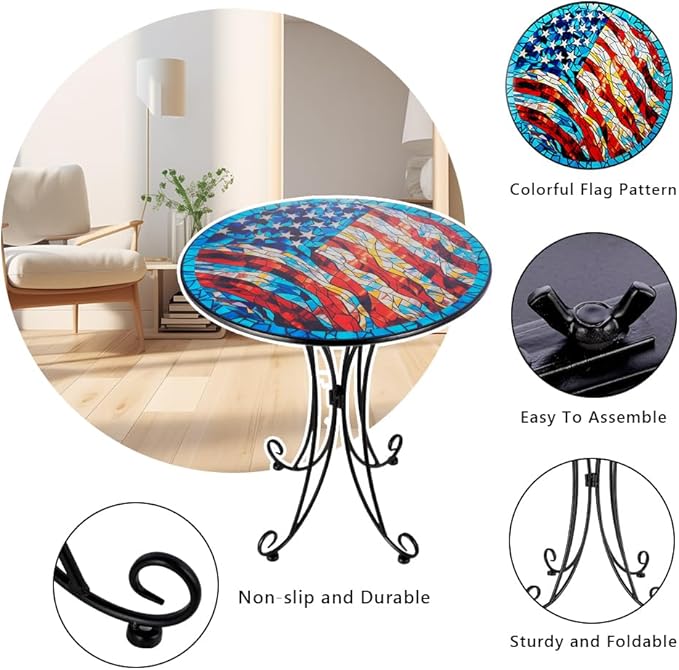 18" Outdoor Side Table, American Flag Metal Accent Table, Indoor Small Round End Tables, Plant Stand Tables for Outside Yard Balcony Garden Bedside