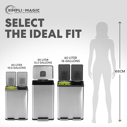 SIMPLI-MAGIC 50 Liter / 13.2 Gallon Soft-Close, Smudge Resistant Trash Can with Foot Pedal and Built in Filter- Stainless Steel, Sleek Finish