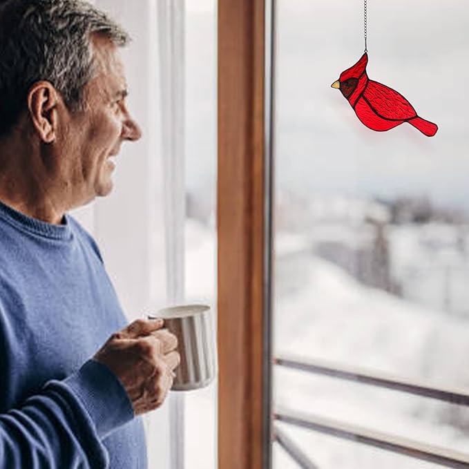 BOXCASA Red Cardinal Suncatcher for Window, Handmade Stained Glass Hanging, Memorial Gift for Loss of Loved One, Decor for Women Mom Grandma Nana