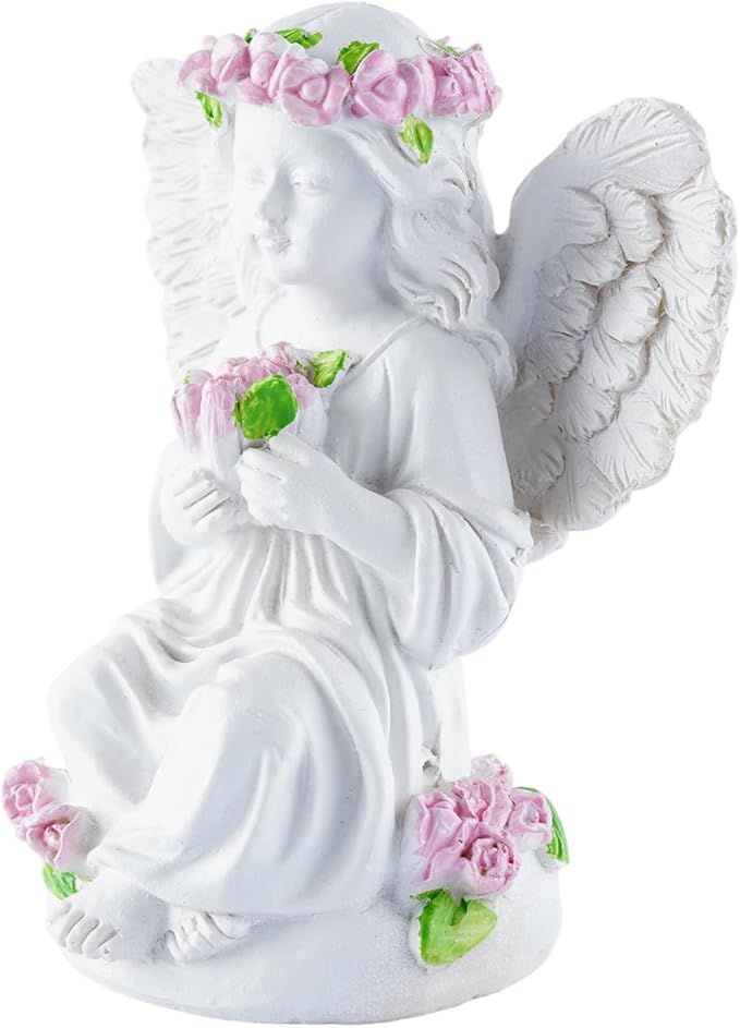 Resin Angel Statues Holding Pink Roses: Indoor & Outdoor Winged Angel Decor, Ideal for Home and Garden, Perfect Blessing Gift for Parents and Friends