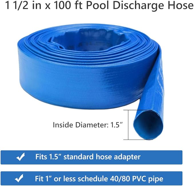 1 1/2 IN x 100 FT Pool Backwash Hose, Heavy Duty Flat Discharge Hose, Weather and Burst Resistant, Best Pool Hoses for Inground Pools, Pool Filter Hose & Pool Drain Hose