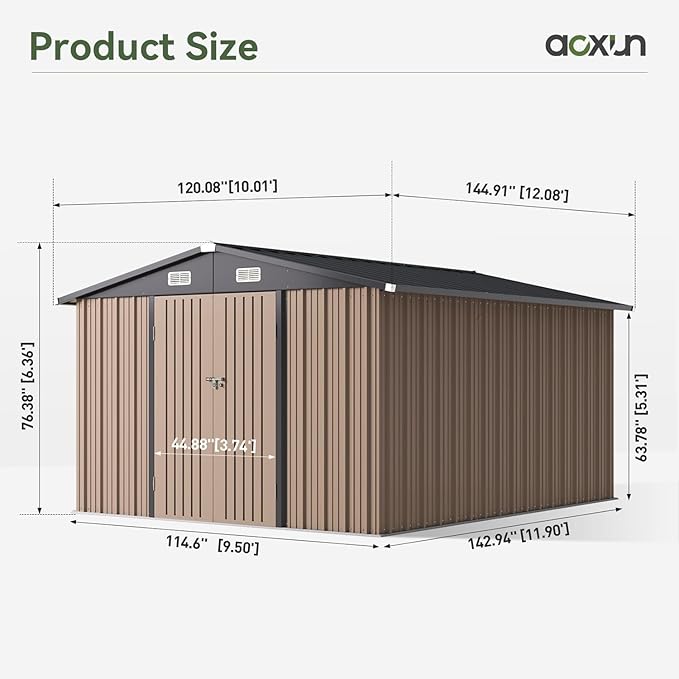 Aoxun 10'x12' Outdoor Metal Storage Shed with Lockable Door & Sloping Roof- Ideal for Tools, Garden Equipment & Bikes, Perfect for Patio Placement(Brown)
