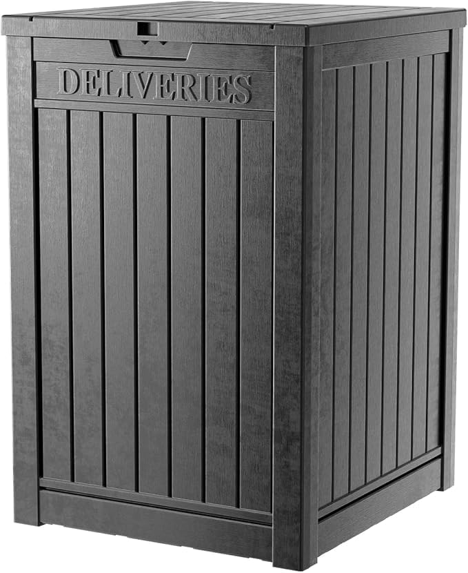EasyUp Outdoor Package Delivery Box, 48-Gallon Lockable Parcel Drop Box, Large Double-Walled Resin Weatherproof Storage Deck Box for Porch and Patio (Black)
