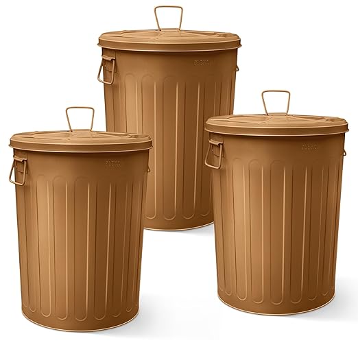 Plexon Large Metal Trash Can with Lid 20 Gallon, Decorative Outdoor Trash Can Heavy Duty Galvanized Metal Bucket with Lid for Garage Workshop Ash Storage Farmhouse, Copper 3 Pack