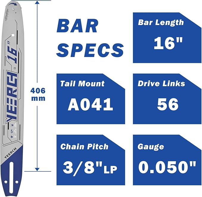 16 Inch Chainsaw Bar 56 Drive Links 3/8"LP Pitch .050" Gauge, 16 Chainsaw Guide Bar, Chainsaw Accessories Fits for Craftsman, Earthwise, Homelite and More