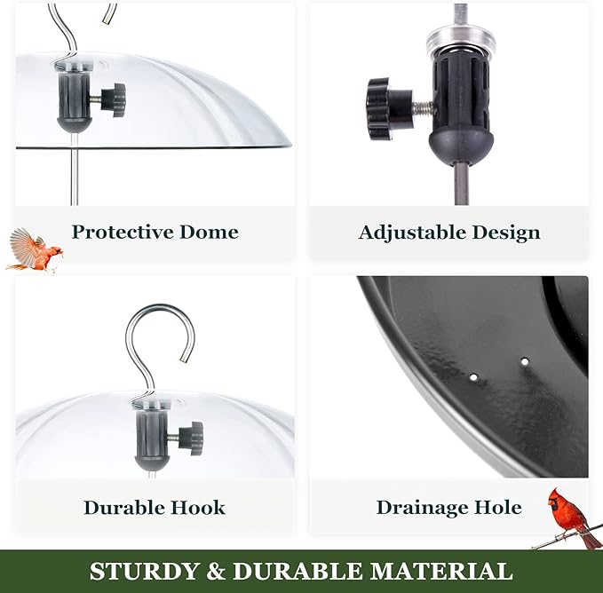 Kingsyard Adjustable Platform Bird Feeder for Outdoors Hanging, Metal Tray Bird Feeder with Dome Top, Attract Bluebirds Cardinals Goldfinches (Black)