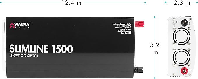 Wagan EL3722 1500W Slim Line AC to DC Power Inverter 1500W TrueRated Continuous 3000W Surge Power DC 12V to AC 110V Power Inverter with 2 AC Outlets and 2A USB Charging Port