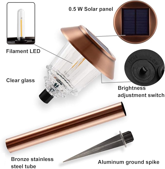 XMCOSY+ Solar Lights Outdoor Waterproof, 4 Pack Solar Lights for Outside, 10-40 LM Dimmable LED Glass Outdoor Solar Lights for Yard Pathway Garden Lawn Driveway Walkway (Warm White)