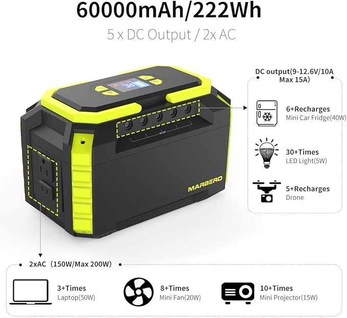 MARBERO 222Wh Portable Power Station 200W Solar Generator 60000mAh Power Bank with AC Outlet 110V 200W DC USB LED Flashlights Lithium Battery Power Supply for CPAP Camping Backup Emergency Home