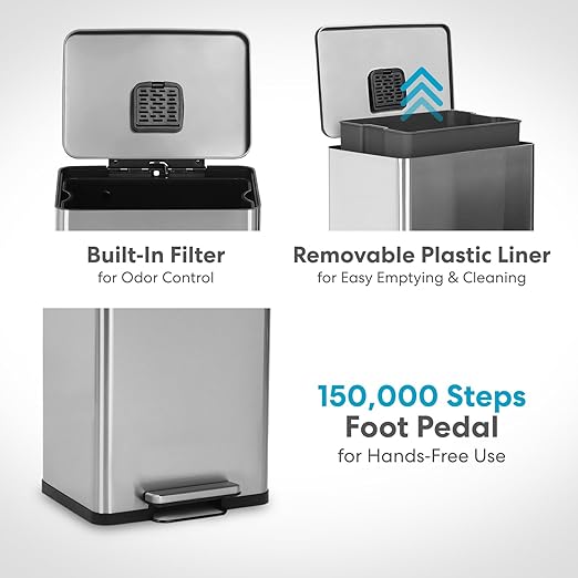 SIMPLI-MAGIC 50 Liter / 13.2 Gallon Soft-Close, Smudge Resistant Trash Can with Foot Pedal and Built in Filter- Stainless Steel, Sleek Finish